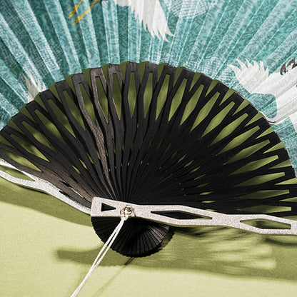 Mythstone Vintage Blue White Crane Pattern Handheld Silk Bamboo Folding Fan