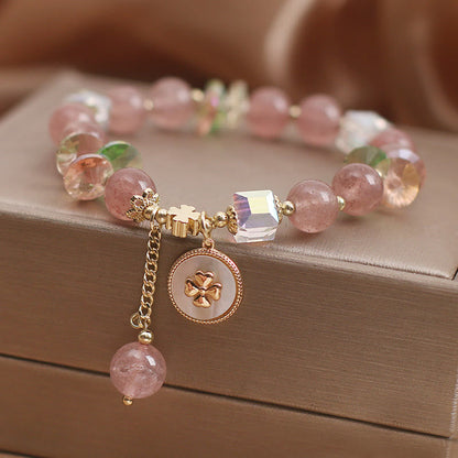 Mythstone Strawberry Quartz Lucky Four Leaf Clover Healing Charm Bracelet