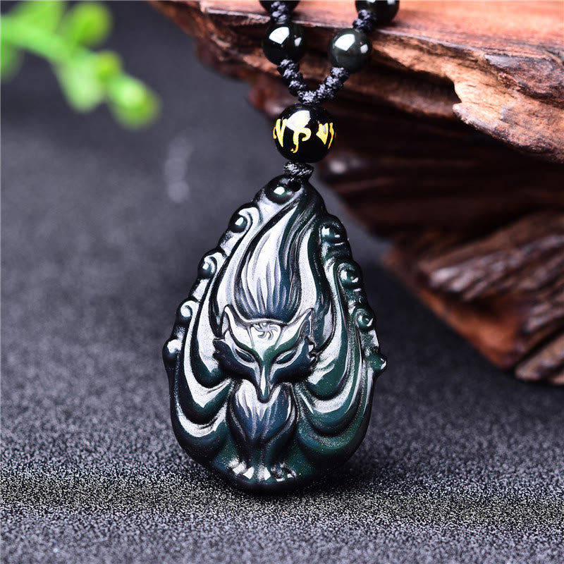 Mythstone Natural Rainbow Obsidian Nine Tailed Fox Inner Peace Necklace Beaded String Pendant