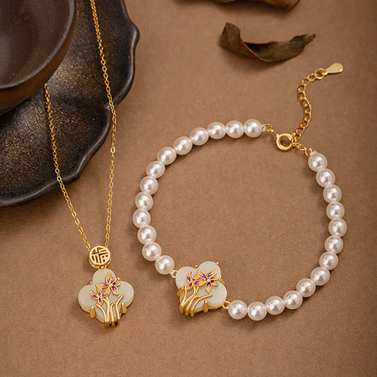 Mythstone 925 Sterling Silver Hetian Jade Orchid Four Leaf Clover Fu Character Pearl Luck Necklace Pendant Bracelet Set