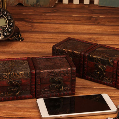 Mythstone Retro Small Square Wood Jewelry Box Lotus Grass Flower Grape Copper Coin Daffodil Jewelry Storage Box