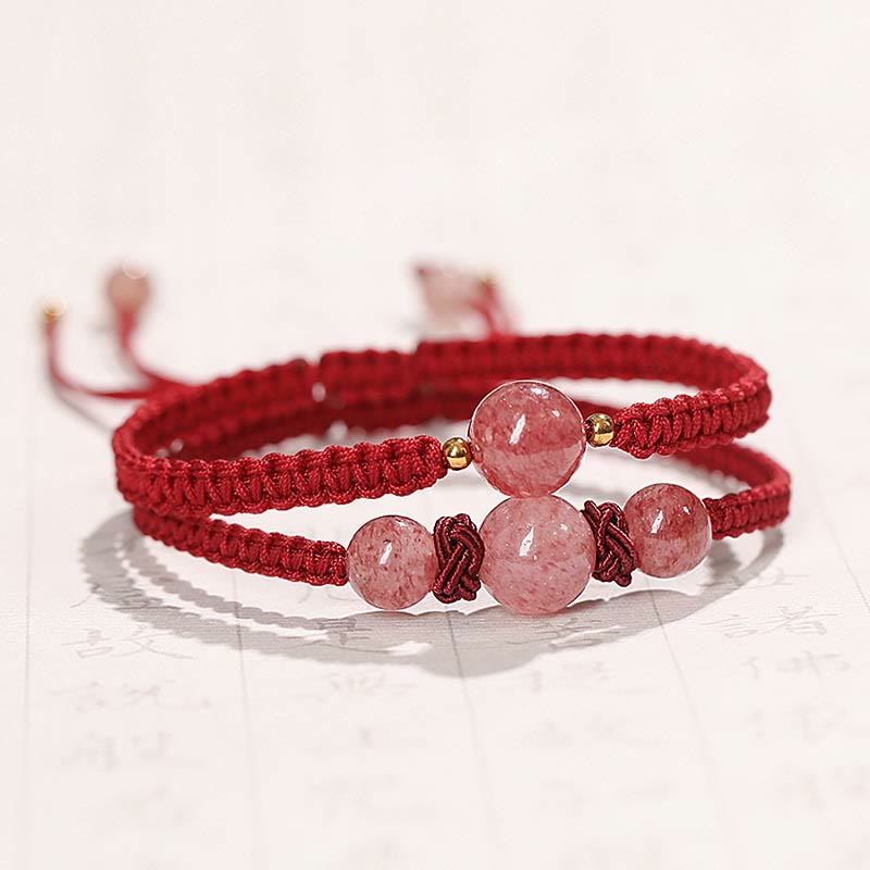 Pulsera tobillera tejida con hilo rojo y cristal de cuarzo fresa natural Mythstone