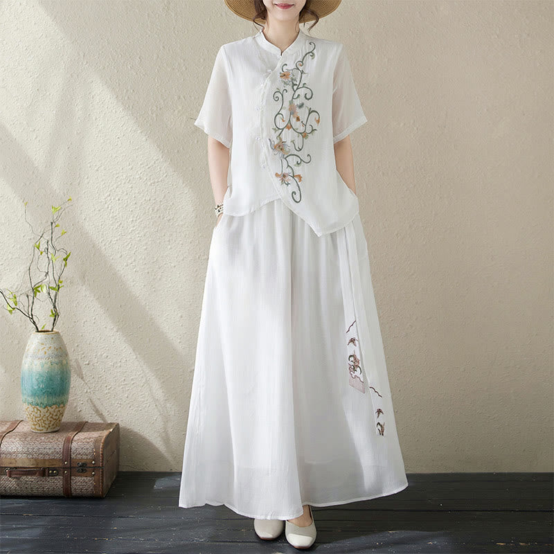 Mythstone 2Pcs Flower Embroidery Short Sleeve Tee T-shirt Wide Leg Pants Set