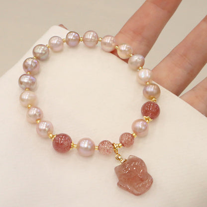 Mythstone Natural Pearl Strawberry Quartz Cute Fox Love Healing Charm Bracelet