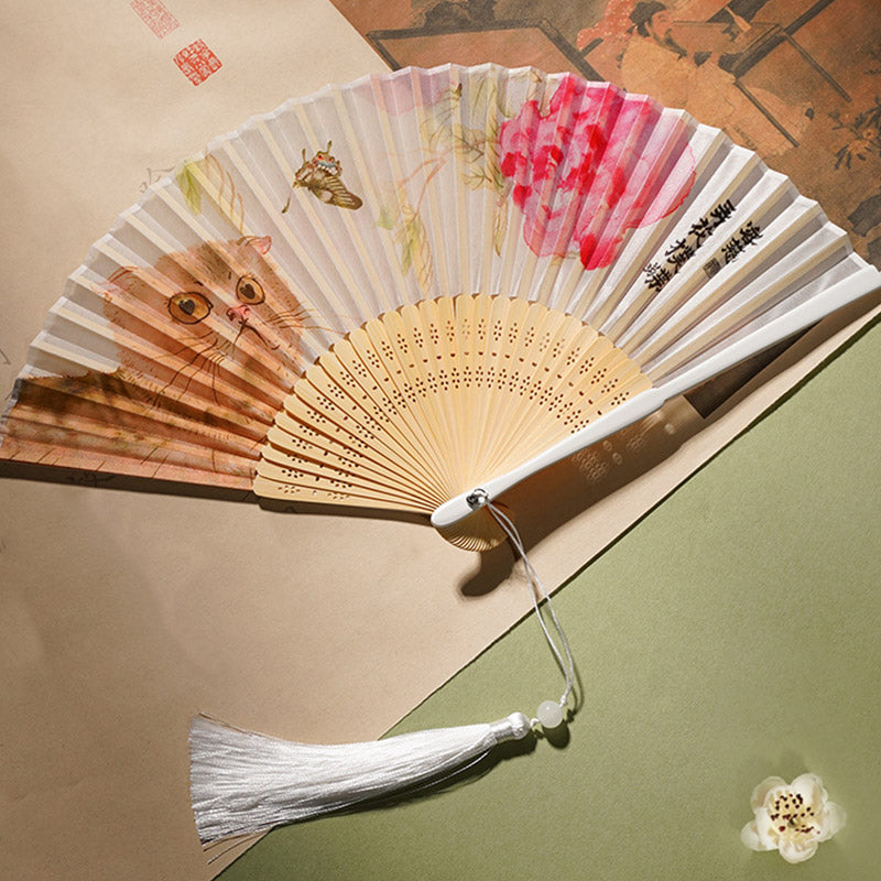 Mythstone Cute Cat Butterfly Flowers Pattern Handheld Silk Bamboo Folding Fan 21cm