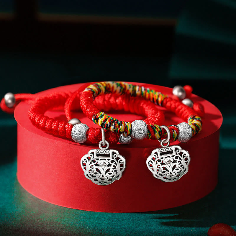 Pulsera trenzada hecha a mano para niños con dije de candado chino en plata de ley 925 de Mythstone con hilo rojo multicolor