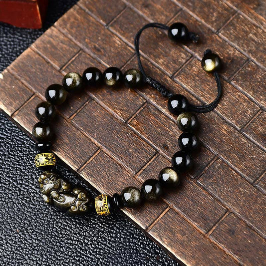 Mythstone Natural Gold Sheen Obsidian PiXiu Om Mani Padme Hum Wealth Braided Bracelet