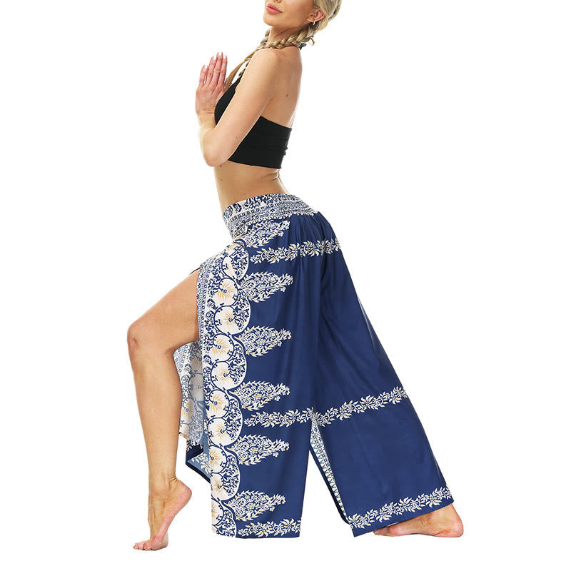 Mythstone Boho Flower Vine Split Thigh Wide Leg Pants Sports Fitness Dance Women's Yoga Pants