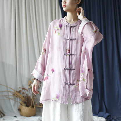 Mythstone Pink Flower Print Frog-button Design Batwing Long Sleeve Ramie Linen Jacket Shirt