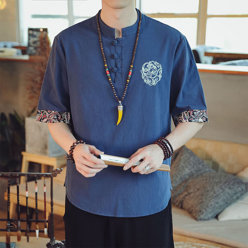 Mythstone Frog-Button Dragon Embroidery Chinese Tang Suit Short Sleeve Shirt Linen Men Clothing