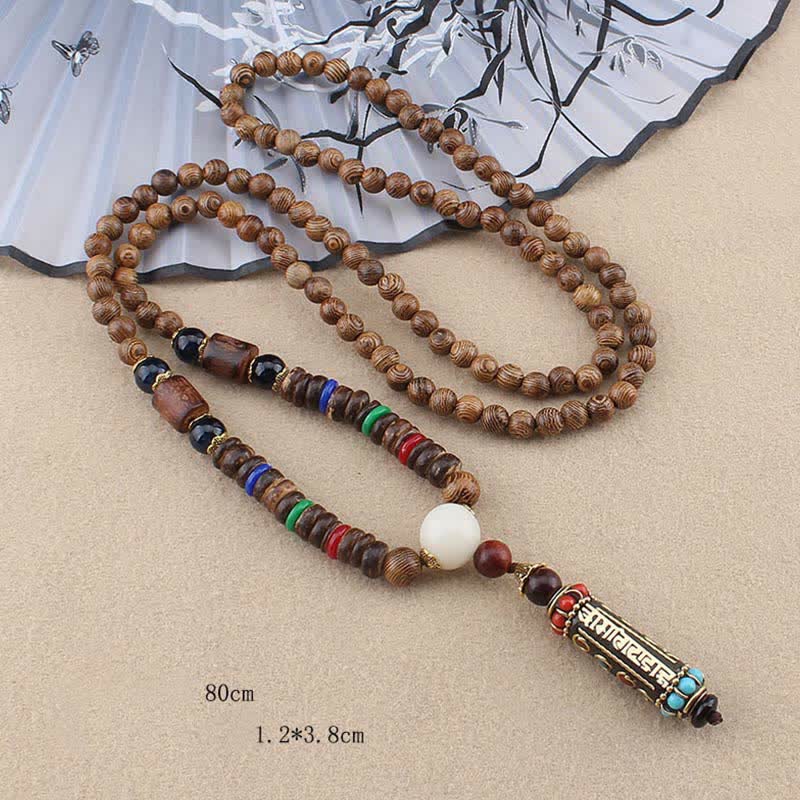 Mythstone Tibetan Om Mani Padme Hum Dzi Bead Wenge Wood Necklace Pendant