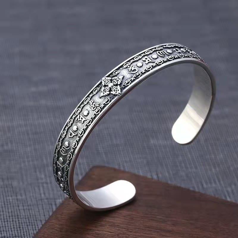 Mythstone 925 Sterling Silver Om Mani Padme Hum Double Dorje Engraved Wisdom Cuff Bracelet Bangle