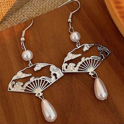 Mythstone Copper Fan Auspicious Clouds Pearl Healing Drop Earrings