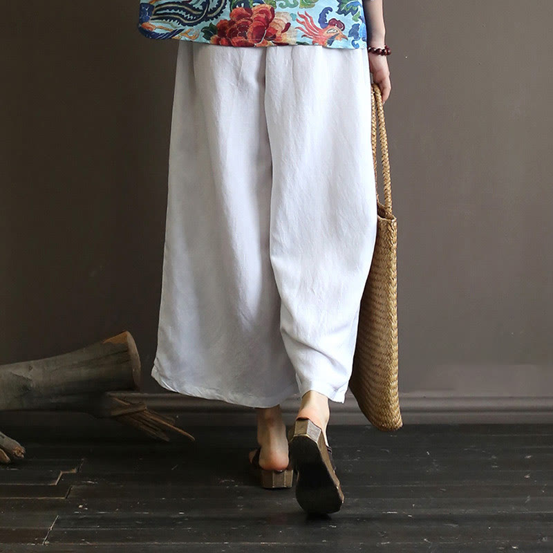 Mythstone Red Blue Peony Midi Dress Half Sleeve Cotton Linen Dress Wide Leg Pants With Pockets