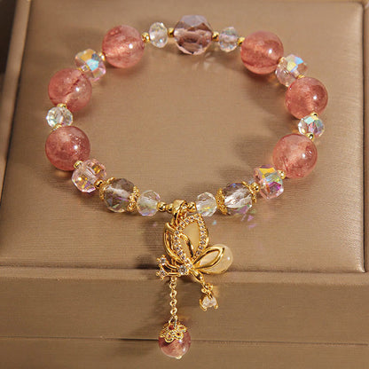 Mythstone Natural Strawberry Quartz Healing Positive Butterfly Charm Bracelet