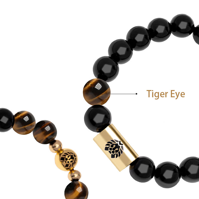 Mythstone Black Onyx Tiger Eye Bead Lion Engraved Protection Bracelet