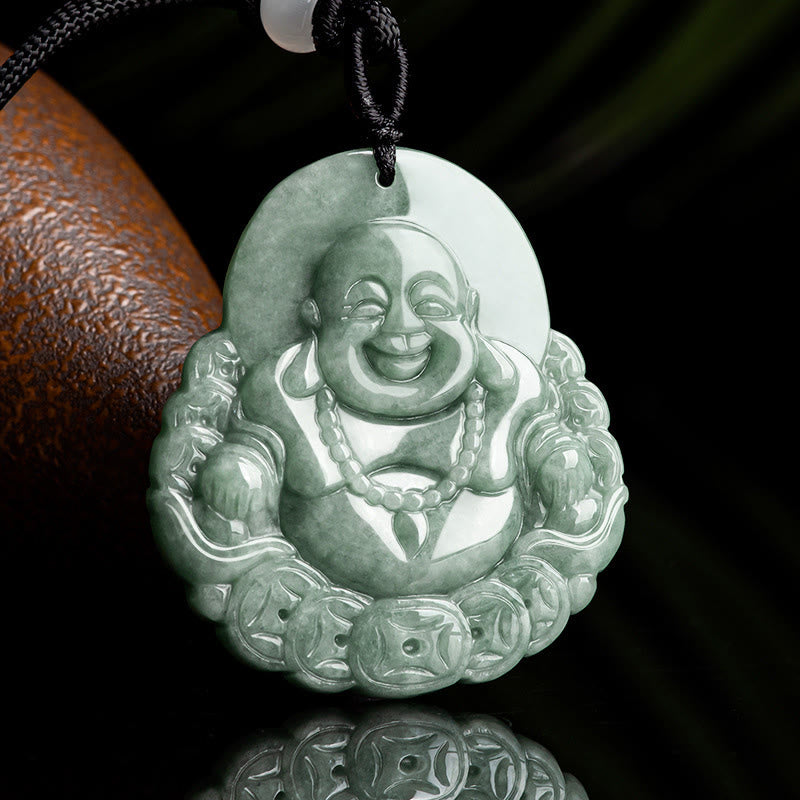 Mythstone Laughing Buddha Natural Jade Copper Coin Abundance Necklace Pendant