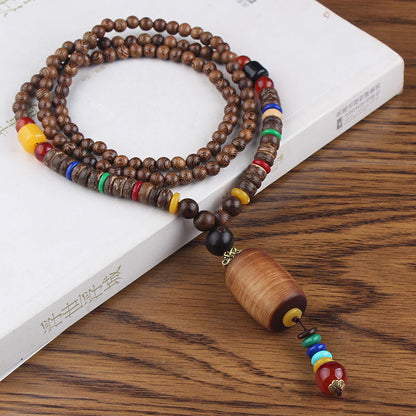 Mythstone Tibetan Wenge Wood Bodhi Seed Agate Balance Peace Necklace Pendant