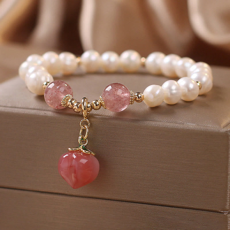 Pulsera con dijes de corazón de amor y sabiduría de cuarzo fresa y perla natural Mythstone