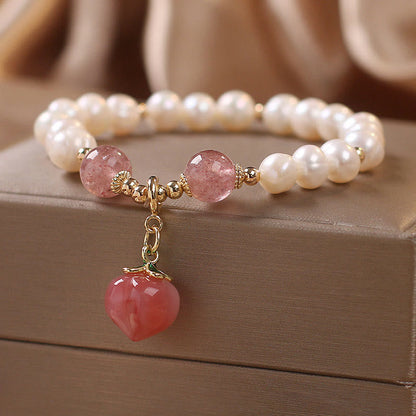 Pulsera con dijes de corazón de amor y sabiduría de cuarzo fresa y perla natural Mythstone