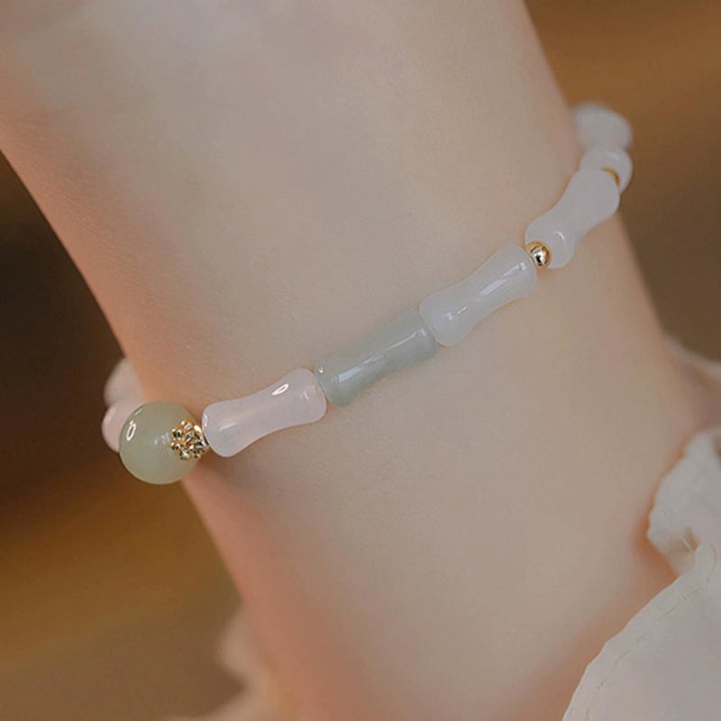 Mythstone 14K Gold Plated Hetian White Jade Bamboo Leaf Luck Protection Bracelet