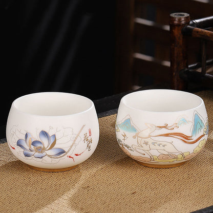 Mythstone Dragon Cicada Bamboo Deer Crane Lotus Plum Flower Ceramic Teacup Kung Fu Tea Cup Bowl 185ml