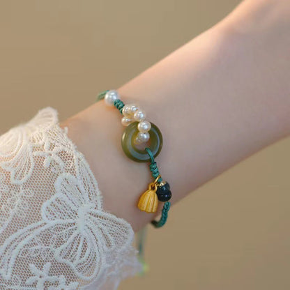 Pulsera trenzada hecha a mano con hebilla de paz y perla de la suerte de jade hetiano natural Mythstone