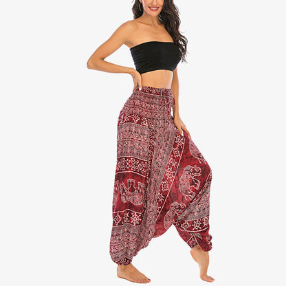 Mythstone Two Style Wear Elephant Pattern Loose Smocked Harem Trousers Jumpsuit Women's Yoga Pants