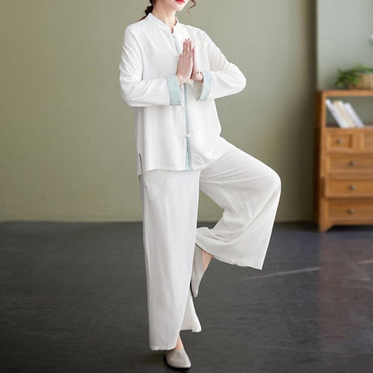 Mythstone 2Pcs Tang Suit Long Sleeve Shirt Top Pants Meditation Zen Tai Chi Cotton Linen Clothing Women's Set