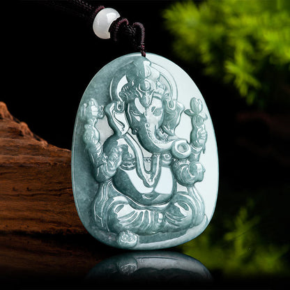 Mythstone Natural Jade Ganesh Ganpati Elephant Protection Amulet Necklace Pendant