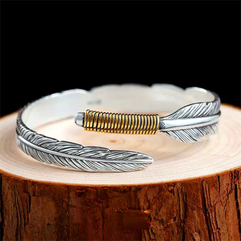 Mythstone Feather Pattern Engraved Luck Cuff Bracelet Bangle