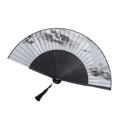 Mythstone Mountains Plum Blossom Lotus Magpie Bamboo Leaves Handheld Silk Bamboo Folding Fan 22.5cm