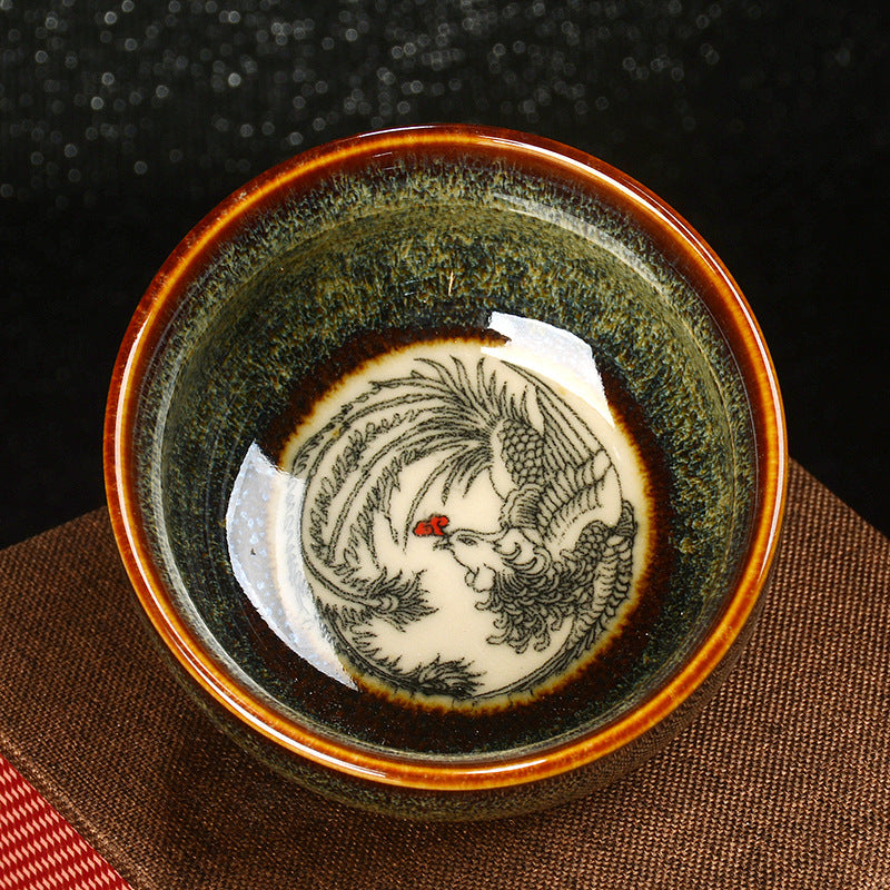 Mythstone Lotus Dragon Phoenix Koi Fish Chinese Jianzhan Ceramic Teacup Kung Fu Tea Cup 110ml