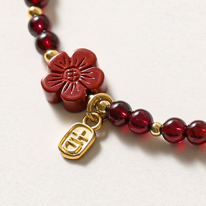 MythStone 14K Gold Natural Garnet Cinnabar Flower Calm Bracelet