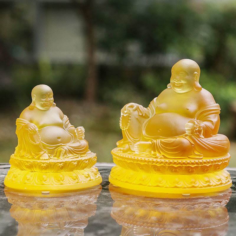 Mythstone Handmade Laughing Buddha Figurine Liuli Crystal Art Piece Wealth Statue Home Decoration