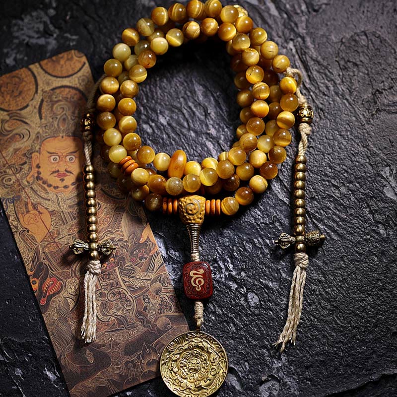 Mythstone 108 Mala Beads Natural Tiger Eye Copper Dorje Protection Tassel Bracelet