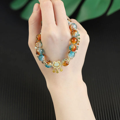 Mythstone Colorful Liuli Glass Bead Chinese Lock Charm Fortune Bracelet