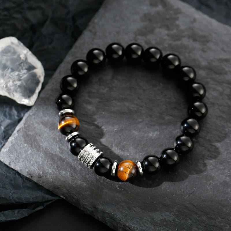 Pulsera de piedra mitológica con obsidiana negra natural y ojo de tigre