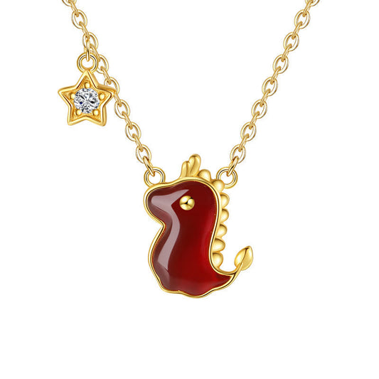 Mythstone 925 Sterling Silver Year of the Dragon Red Agate Hetian Jade Cute Dragon Star Protection Necklace Pendant