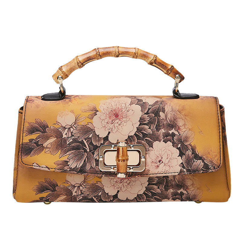 Mythstone Flower Pattern Bamboo Handle Metal Chain Crossbody Bag Handbags