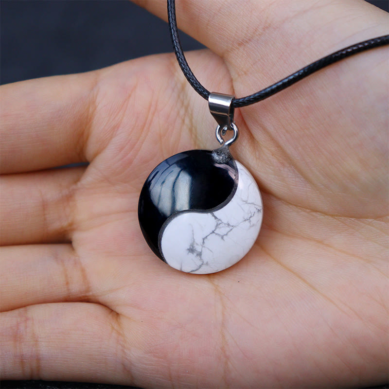 Mythstone Natural Black Obsidian White Turquoise Yin Yang Transformation Rope Necklace Pendant