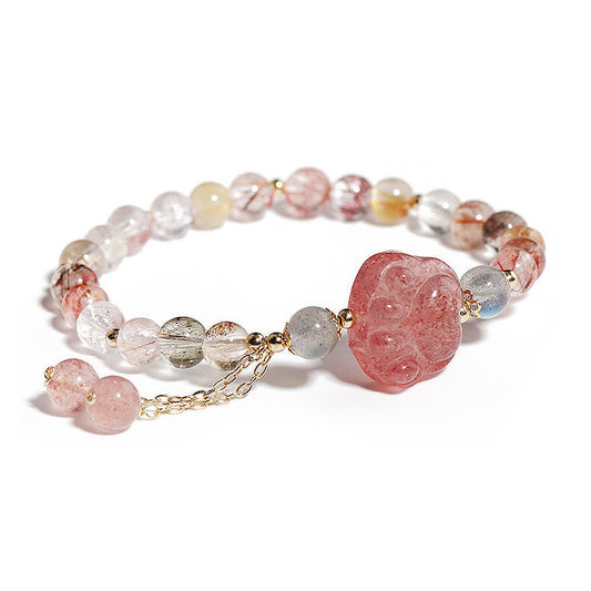 Mythstone Natural Strawberry Quartz Cat Paw Claw Colorful Rutilated Quartz Moonstone Love Bracelet