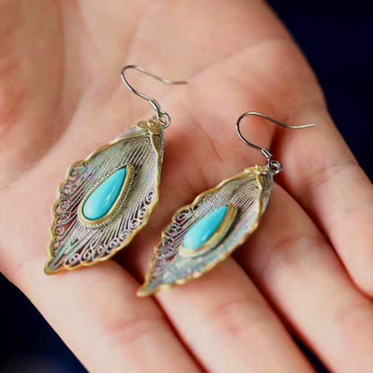 Mythstone 925 Sterling Silver Turquoise Bodhi Leaf Pattern Protection Drop Dangle Earrings