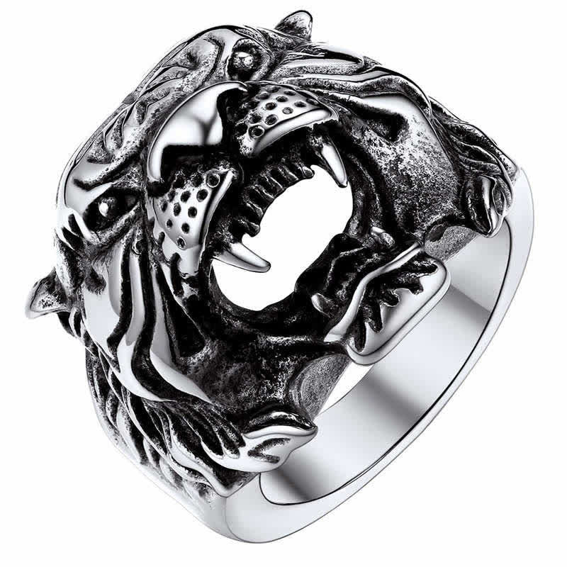 Mythstone Men's Animal Tiger Head Titanium Steel Balance Calm Punk Rock Biker Ring