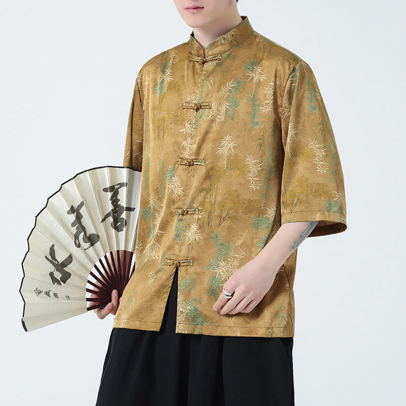 Mythstone Bamboo Leaves Pattern Chinese Half Sleeve Shirt Men T-shirt