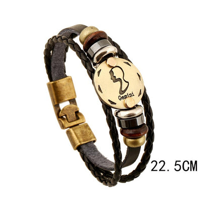 12 Constellations of the Zodiac Hematite Leather Charm Bracelet