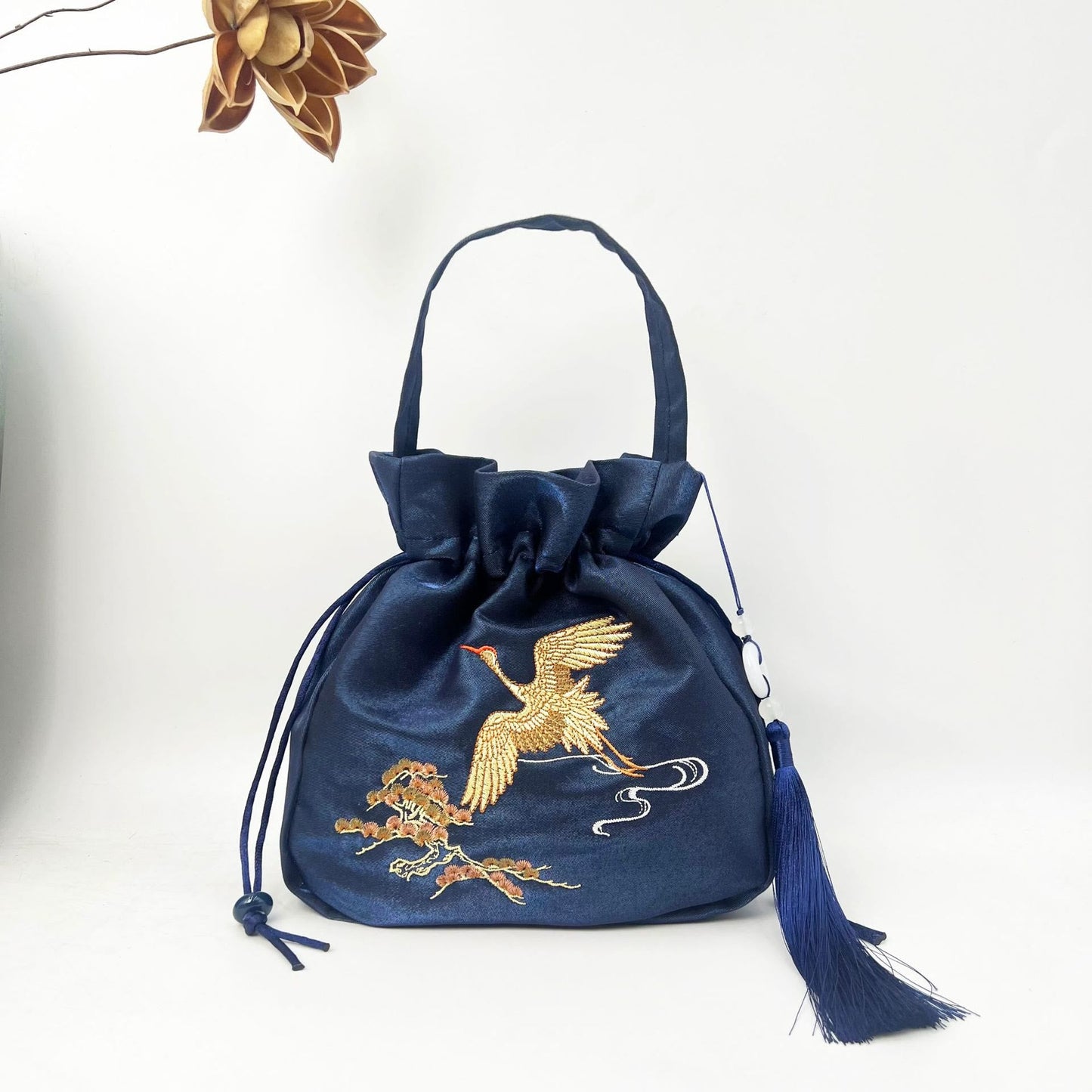 Mythstone Embroidered Lotus Koi Fish Crane Camellia Cotton Linen Tote Crossbody Bag Shoulder Bag Handbag