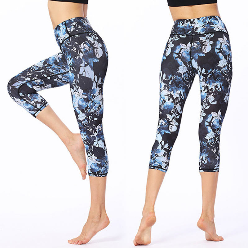 Mythstone Leaves Butterfly Print Sports Yoga Cropped Leggings Women's Yoga Capri Pants