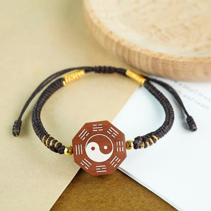 Mythstone Small Leaf Red Sandalwood Jujube Wood Ebony Wood Silver Inlaid Yin Yang Bagua Big Dipper Protection Bracelet