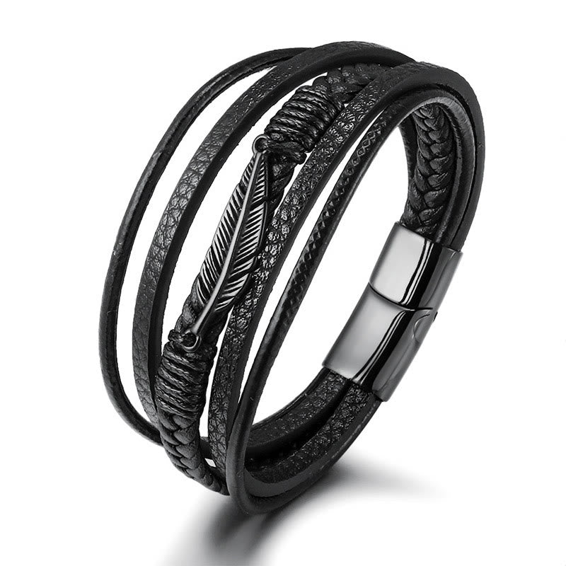 Mythstone Feather Pattern Multilayer Leather Titanium Steel Calm Braided Magnetic Buckle Bracelet